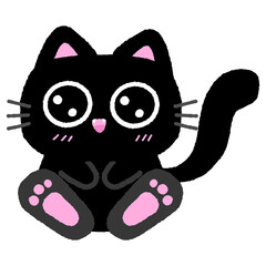 A cartoon cat with pink paws and big eyes