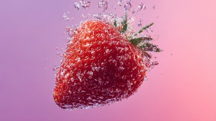 Fresh strawberry with water droplets suspended in air