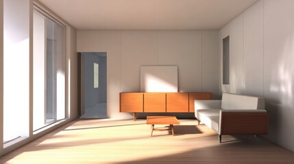 Modern minimalist interior with large windows, wooden floor, white walls, sleek ceiling lamp, brown cabinet,