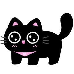 A black cat with pink ears and a pink collar