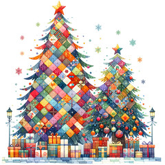 Patchwork christmas tree with gifts and snowflakes. Cute folk holiday colorful illustration isolated on white background