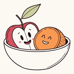 Happy apple and orange slices in a bowl cheerful food characters isolated on transparent background