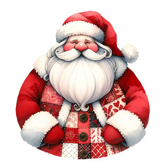Kind patchwork Santa Claus smiling, cute playful winter watercolor illustration