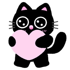 A black cat holding a pink heart