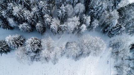 A stunning view of a snow-covered forest where tall trees are blanketed in white. The peaceful scene captures a winding path through the frosty landscape under clear skies.