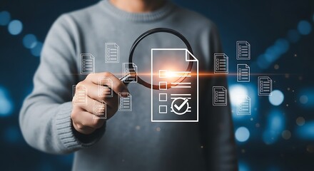 Man holding magnifying glass with document for checking and approval