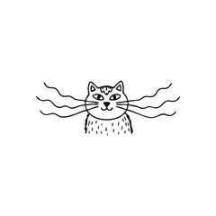 Fototapeta premium Whimsical Hand Drawn Cat Doodle. A charming, playfully rendered feline illustration featuring distinctive wavy whiskers. This minimalist animal graphic symbolizes creativity and joyful simplicity.