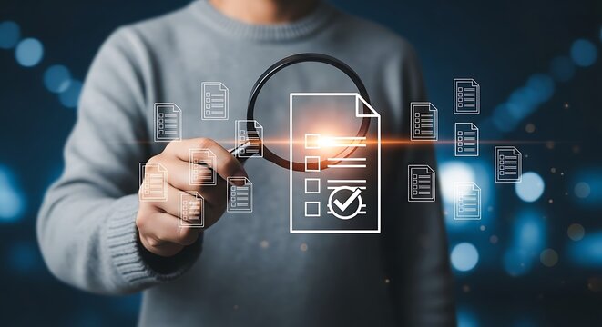 Man holding magnifying glass with document for checking and approval