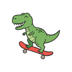 Cartoon Dinosaur Skater Fun. A friendly green T-Rex character joyfully balances on a vibrant red skateboard. This playful artwork captures youthful energy and a sense of fun.