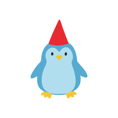 Adorable Penguin Wearing Party Hat. This cheerful blue bird illustration, sporting a vibrant crimson cap, symbolizes celebration, joy, and a playful spirit, perfect for any occasion.