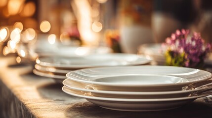 Fototapeta premium Neatly stacked white ceramic plates on a table with a blurred background, smooth texture, reflective quality,