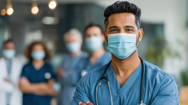 confident multiethnic male nurse in front of his medical team looking at camera wearing face mask during covid19 outbreak happy and proud indian young surgeon standing in front of his colleagues no l