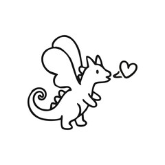 Adorable Dragon Emitting Love Heart. This charming illustration features a delightful small winged lizard expressing affection. Ideal for designs symbolizing romance, friendship, passion, or warmth.