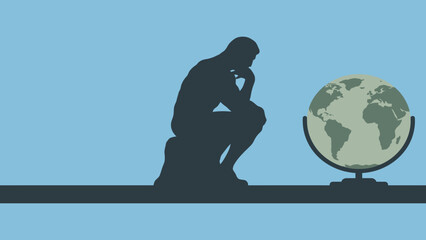 Flat vector thinker statue silhouette with globe abstract minimal theme, World Philosophy Day Flat Minimal Poster.