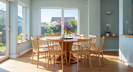 Sun-Kissed Round Wooden Table in a Bright, Airy Dining Room with Garden Views.