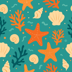 Vector seamless marine pattern with starfish, corals, shells, and snails in blue, orange, yellow tones. This vibrant, nautical-themed design is perfect for summer textiles, packaging, beach decor. © AyaLinesDesign