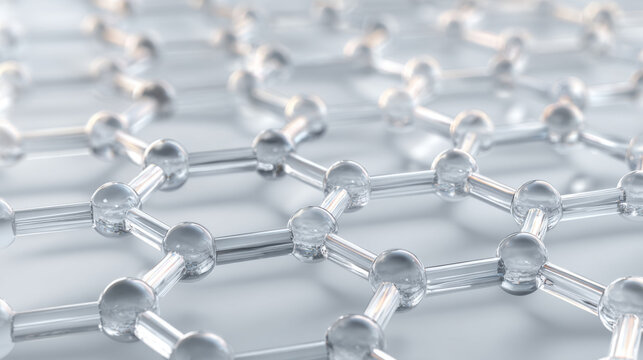 Clean glassy molecular lattice structure showing hexagonal pattern. This science and technology concept with connected atoms creates futuristic abstract background