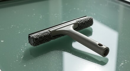 Sunlight and Shadow - A Cleaning Squeegee on a Wet, Reflective Green Surface.