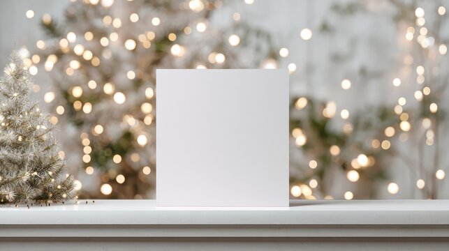 a mock up for a square white greeting card it sits on a white shelf and the background is white with white christmas tree branches bokeh and twinkling lights the c