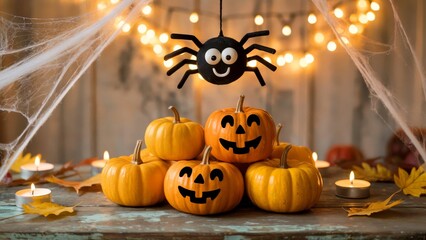 Fototapeta premium Smiling pumpkins with cartoon spider, cobwebs, candles and glowing fairy lights