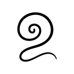 Stylized Black Number Two Swirl. This graceful numeral drawing showcases an elegant spiral, embodying simplicity, balance, and aesthetic flow on a pure white background.