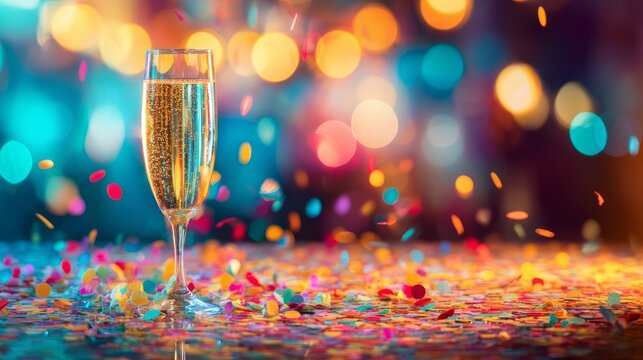 A champagne flute filled with sparkling wine stands ready for celebration amidst festive confetti and blurred glowing li