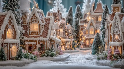 Fototapeta premium enchanting gingerbread village winter wonderland scene gingerbread house snow