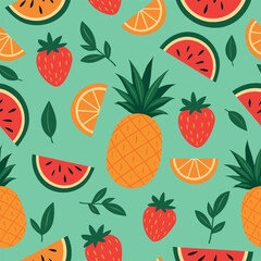 Vector seamless pattern with tropical fruits watermelon, orange, pineapple, strawberry, and green leaves on a mint background. A vibrant summer design for textiles, packaging, wrapping paper, decor