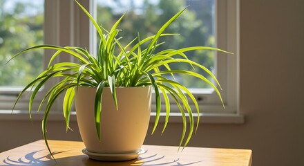 Sunlight-Drenched Spider Plant in a Cozy Interior.
