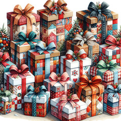 Many Christmas gift boxes, holiday illustrations isolated on white background, gift and sale concept

