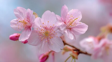 Fototapeta premium Cherry blossoms showcase their delicate pink petals against a blurred background. The flowers bloom vibrantly symbolizing springs arrival and beauty in natures changes.
