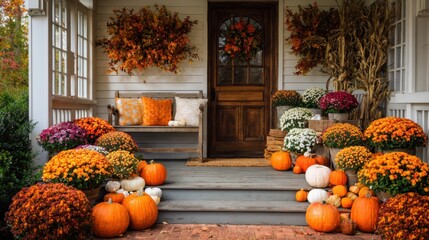 A cozy porch welcomes autumn with bright orange pumpkins and vibrant mum flowers. The inviting space features seasonal decor showcasing the beauty of fall.