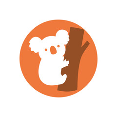 Sweet Koala Bear on Branch Emblem. This charming graphic depicts an adorable marsupial hugging a tree. It symbolizes nature, innocence, and warmth.