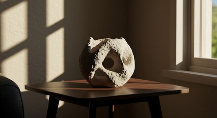 Sunlit Abstract Sculpture - Textured Stone Form in Interior Setting.