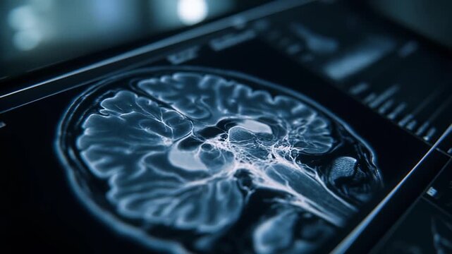 MRI brain scan (axial view) displayed on a monitor.