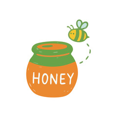 Whimsical Bee and Honey Pot Illustration. An adorable insect flies toward a delightful amber liquid container. This artwork conveys natural sweetness, wholesome produce, and organic goodness.
