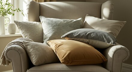 Sunlit Armchair with Textured Cushions - A Cozy Interior Scene.