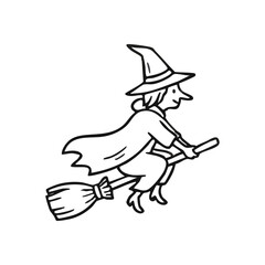 Fototapeta premium Halloween Witch Flying Broomstick. This charming line art depicts a joyful sorceress soaring on her broom, embodying magic and festive autumn celebrations.