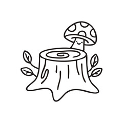 Charming Stump with Toadstool. A delightful fungus emerges from an old wooden base, adorned with green foliage. This cheerful doodle represents new beginnings and nature's harmony.