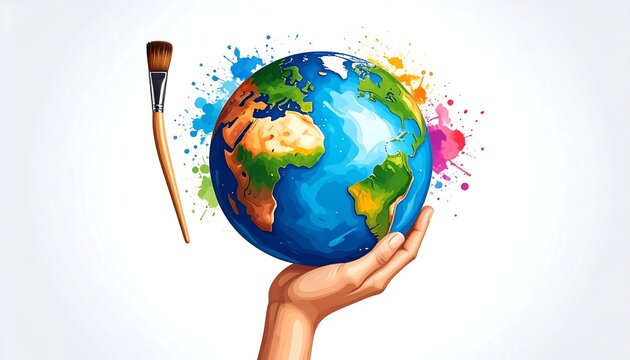 Hand holding a stylized Earth globe surrounded by colorful paint splatters and a paintbrush - Powered by Adobe