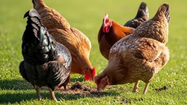 Chickens pecking for grain on grass