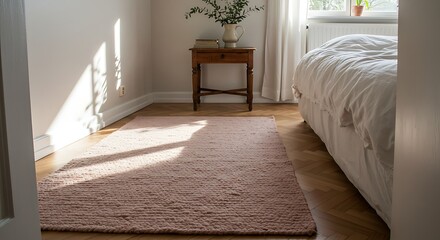 Sunlit Bedroom with Textured Blush Pink Rug, Natural Light Interior Design.