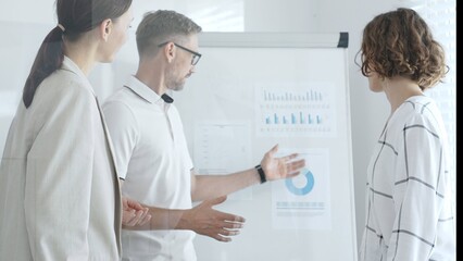 Obraz premium Businessman presenting data analysis and marketing strategy on a whiteboard while collaborating with colleagues in an office meeting. Business people concept