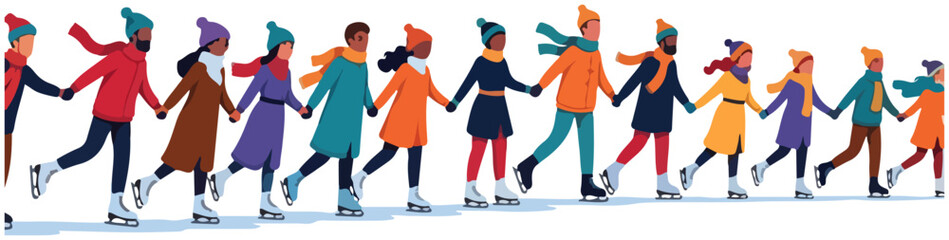 A line of diverse people holding hands and ice skating together in winter.