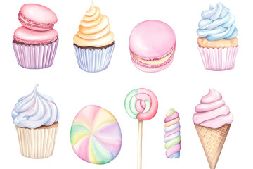 watercolor pastel cupcake and dessert collection with frosting macarons and lollipops isolated png transparent background