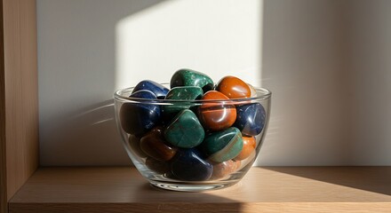 Sunlit Bowl of Polished Gemstones - Green, Blue, Orange Tumbled Crystals.