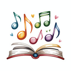 Open book with colorful musical notes and hearts illustration for education and art design