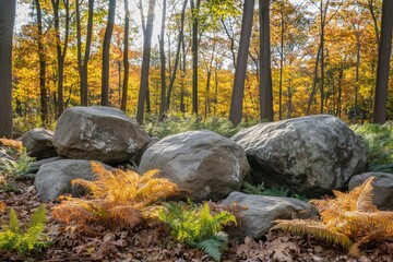 Autumn forest with trees and big rocks in golden sunlight