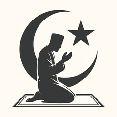 Vector art of silhouette of a muslim man praying on a prayer mat with a crescent moon and star in the background, symbolizing islamic faith and devotion