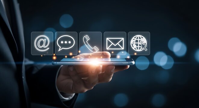 Man holding smartphone with contact icons, communication and business concept - Powered by Adobe